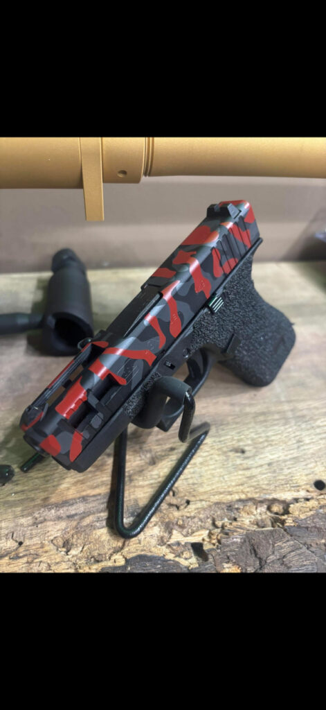 ABIS Arms Cerakote finish: custom red and black camouflage handgun slide